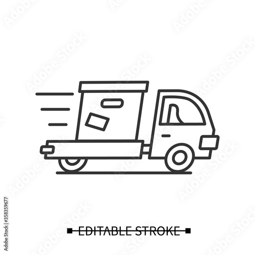 Express delivery icon. Line pictogram of fast courier truck with post box. Concept of same day safe delivery and logistic service in corona virus retail lockdown. Editable stroke vector illustration