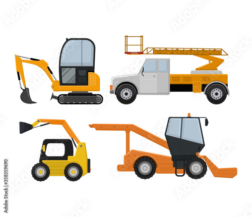 Road cleaning machine excavator tractor vector vehicle truck sweeper cleaner wash city streets illustration, vehicle van cat excavator bulldozer tractor lorry transportation isolated on background.