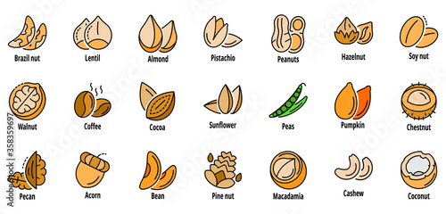 Nut icon set. Outline set of nut vector icons thin line color flat isolated on white