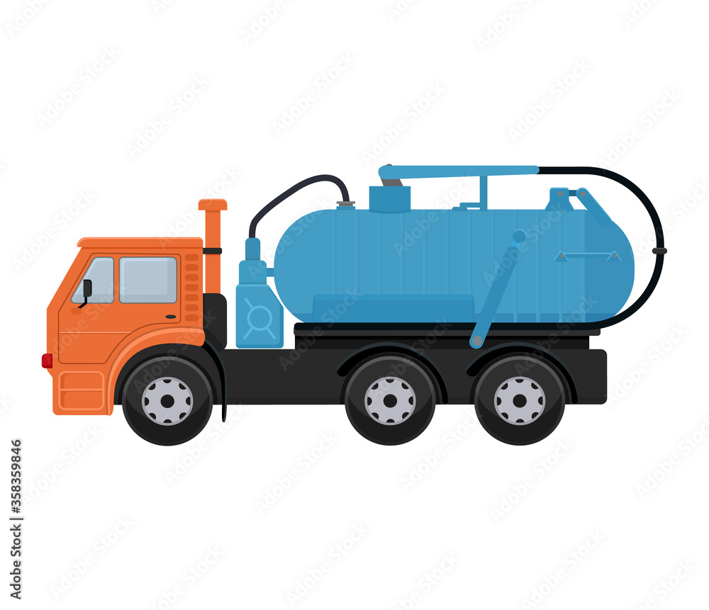 Road cleaning machine vector vehicle truck sweeper cleaner wash city streets illustration, vehicle van car excavator bulldozer tractor lorry transportation isolated on background.