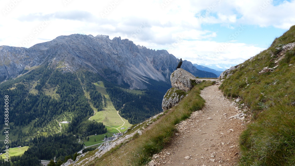auf dem Hirzelweg in den Dolomiten mit Blick auf das Christomannos Denkmal und dem Latemar im Hintergrund