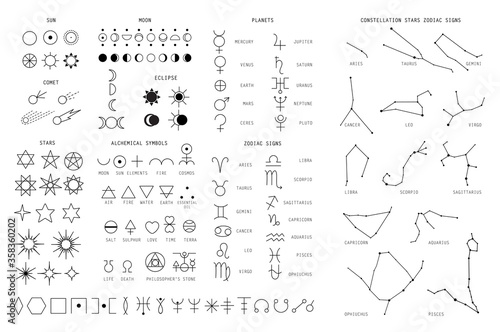 Zodiac sings constellation, alchemy astrology astronomy symbols, isolated icons. Planets, stars pictograms. Big esoteric set in line art black and white color geometric photo
