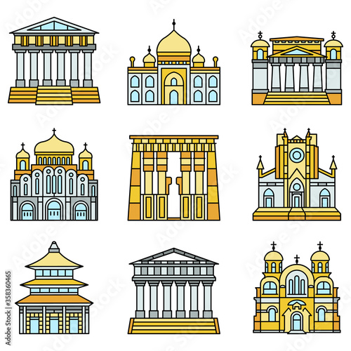 Temple icon set. Outline set of temple vector icons thin line color flat isolated on white