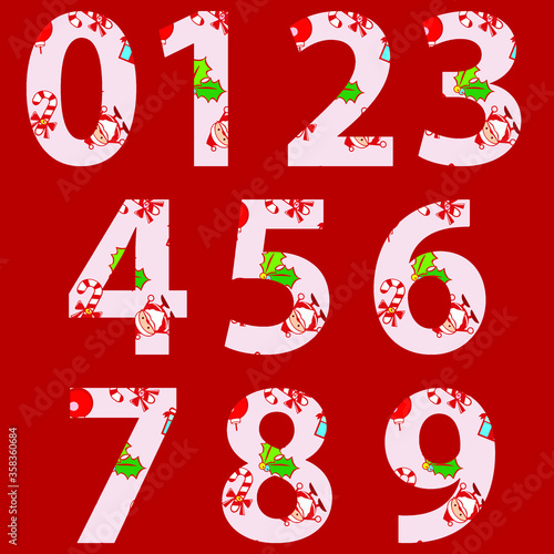 0 1 2 3 4 5 6 7 8 9 alphabets applied with Christmas items and Santa Claus pattern background vector