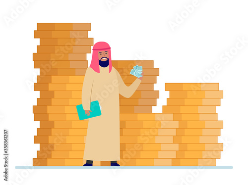 Arabic business man. Person in traditional ethnic clothes standing at huge heap of money cash flat vector illustration. Finance, success, capital concept for banner, website design or landing web page