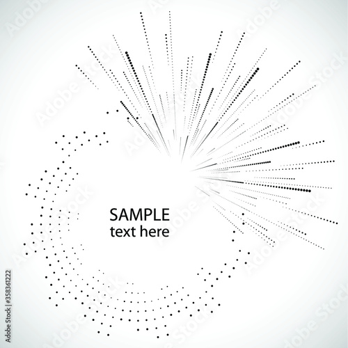 Radial halftone dots in Circle Form for comic books . fireworks Explosion background . Vector Illustration . Starburst  round Logo . Circular Design element . Abstract Geometric star rays . Sunburst .