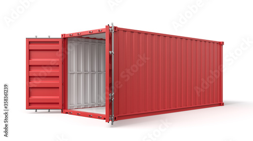 3d rendering of open empty red barge container with white insides isolated on white background.