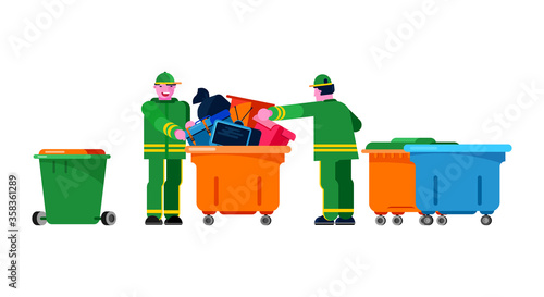 Janitor wiper yardman people sorting trash can vector bin recycle electronic waste garbage illustration. rubbish container household rubbish ewaste recycling. Green jacket Janitor wiper yardman.