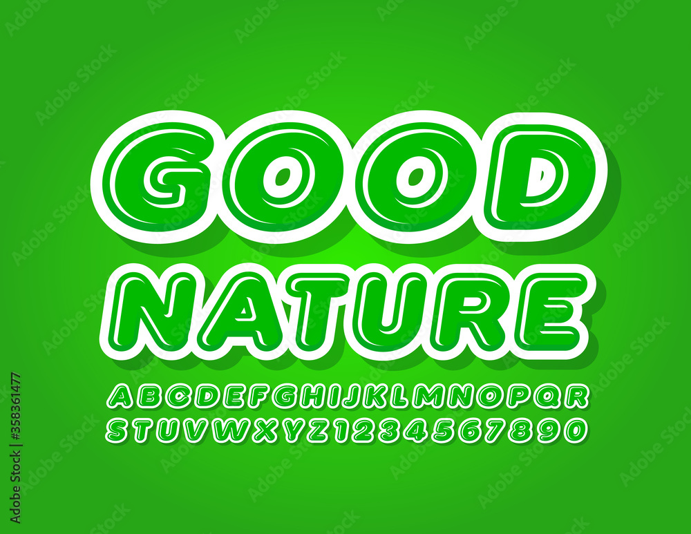 Naklejka premium Vector Green sign Good Nature with Modern Font. Glossy Alphabet letters and Numbers
