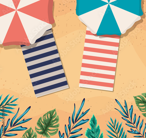 beach with umbrellas and towels top view design, Summer vacation and tropical theme Vector illustration