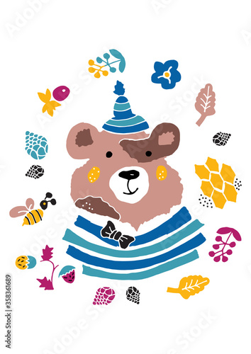 Fototapeta Naklejka Na Ścianę i Meble -  Cute forest bear in cartoon style. The idea of a print for children's clothing and baby supplies. Vector illustration.