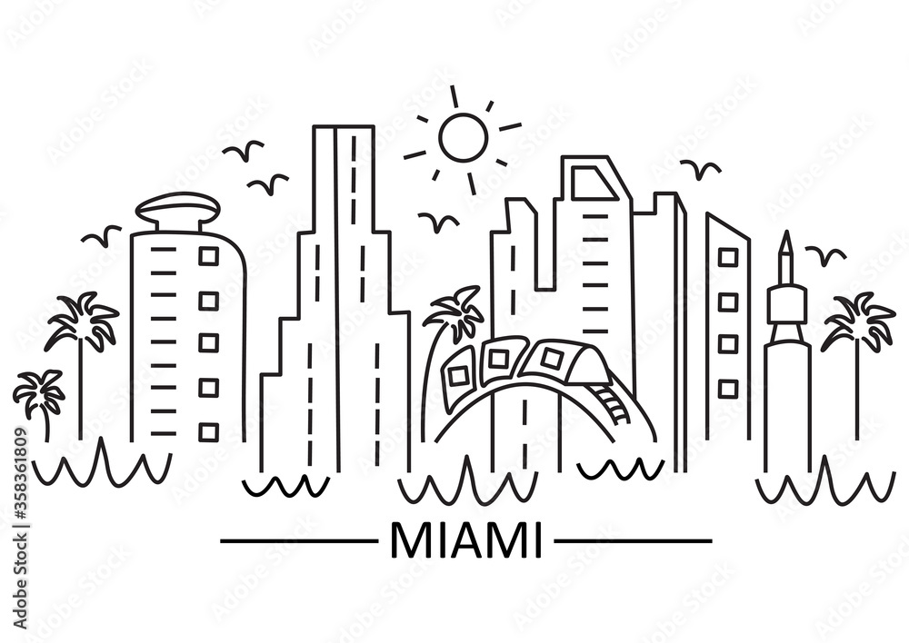 Miami city in line art style. City landscape. Vector illustration.