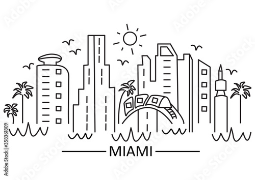 Miami city in line art style. City landscape. Vector illustration.