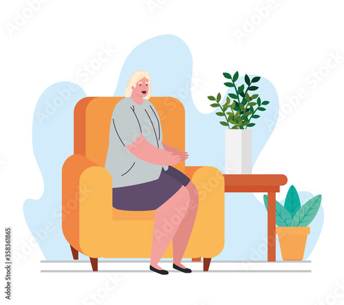 stay home, woman in living room, quarantine or self isolation vector illustration design