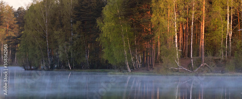 fog on the lake in the early morning at dawn in the forest. Panorama of the shore with trees, Summer landscape © Lana Kray