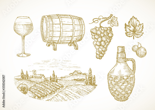 Vector Wine or Vineyard Sketches Set. Hand Drawn Illustrations of Glass, Cask or Barrel, Grapes Branch, Wicker Bottle and Rural Farm or Winery Landscape.