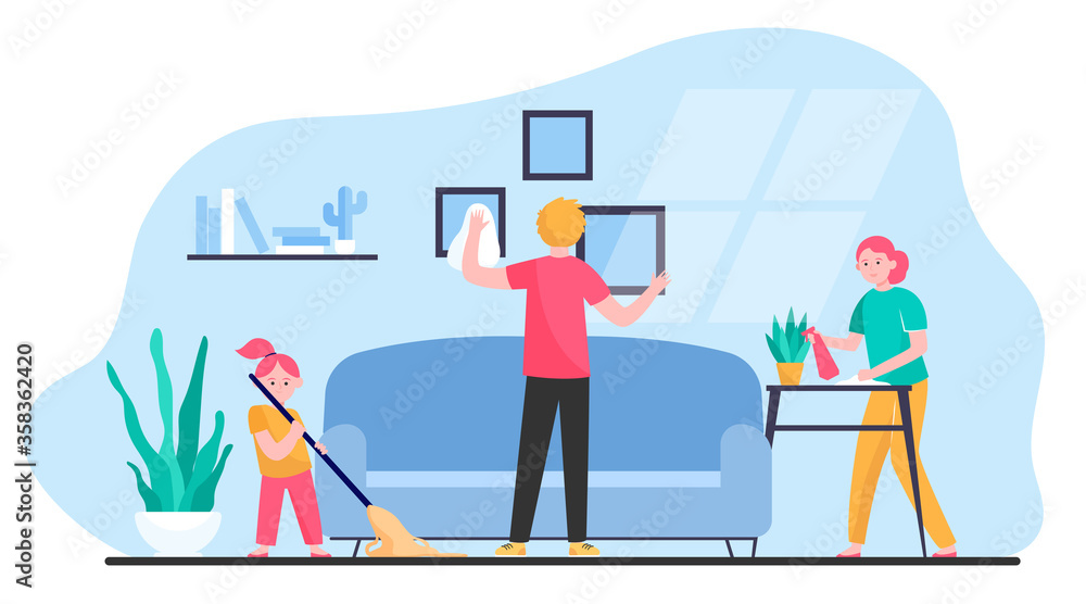 Happy family cleaning apartment flat vector illustration. Cartoon mother, father and daughter housekeeping together. Togetherness, flat, home and household concept Happy family cleaning apartment flat vector illustration. Cartoon mother, father and daughter housekeeping together. Togetherness, flat, home and household concept