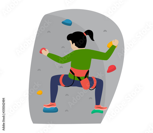 Kids climbing vector climber children character climbs rock mountain wall or mountainous cliff illustration mountaineering set of child in extreme sport mountaineer isolated on white background..