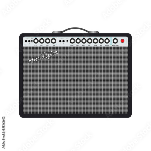Isolated black electric guitar amplifier, cabinet equipment for musician flat logo or icon style, print for tee-shirt and graphic design, Musical instrument sales business. vector and illustration.