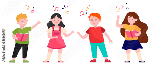 Cartoon children choir flat vector illustration. Cute kids singing song at music school, church or vocal group. Friendship, music and performance concept © PCH.Vector