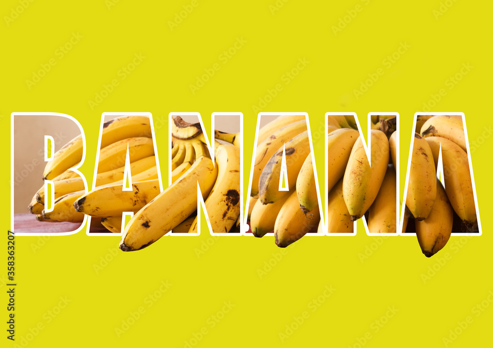 The word BANANA written with a 3d effect using several photos of