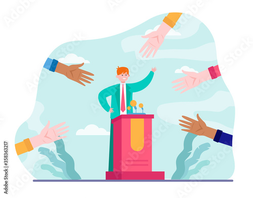 Candidate election campaign. Hands of voters pointing at politician flat vector illustration. Political leader, voting, referendum concept for banner, website design or landing web page