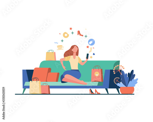 Young woman with smartphone choosing goods isolated flat vector illustration. Cartoon girl ordering food and clothes in online store. Delivery and ecommerce concept