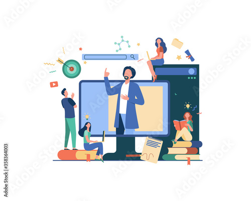 Teacher reading lecture online isolated flat vector illustration. Students learning lesson via laptop and listening webinar. Computer education and technology concept