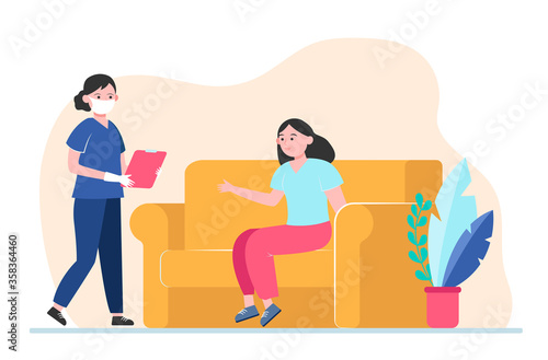 Patient waiting medical test result in hospital. Visiting doctor, nurse, clinic flat vector illustration. Medical examination, consultation concept for banner, website design or landing web page