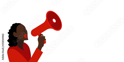 Black Lives Matter concept. Woman protester with megaphone on white isolated background. Person holds a loudspeaker in hand. Template for banner, poster.