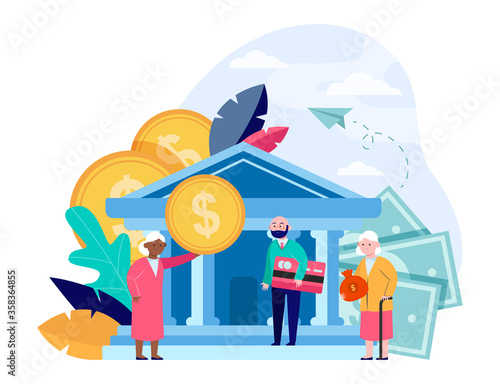 Old people getting pension payment. Senior man and woman with money and credit card standing near bank flat vector illustration. Finance, saving concept for banner, website design or landing web page