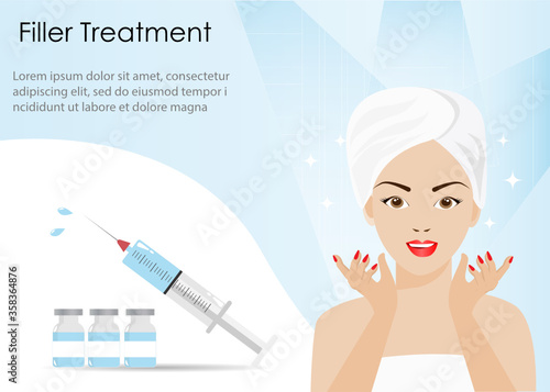 Beautiful woman feeling happy with her glamour facial skin from dermal fillers treatment injection. Idea for beauty plastic surgery, cosmetology, professional anti aging business.