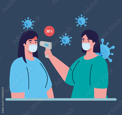 covid 19 coronavirus, women with infrared thermometer to measure body temperature vector illustration design