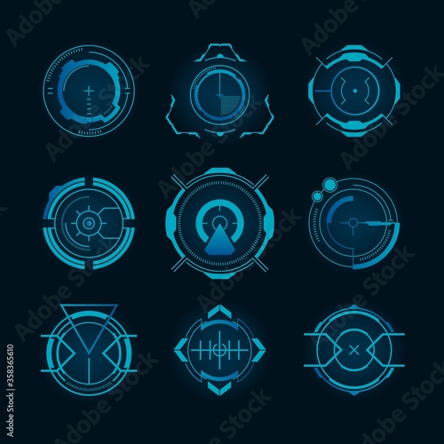 Futuristic target set. Hologram radar, gun aim, circle, sniper crosshair, focus. Vector illustrations for weapon, shooting game, innovation, military, HUD technology concept
