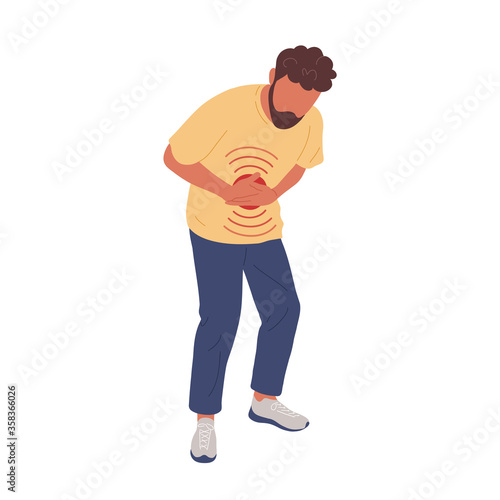 Sick man with stomachache touching belly