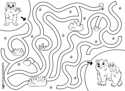 Help the little lost bear find the way to his mom. Cartoon maze or labyrinth game for preschool children. Puzzle. Tangled road. Forest animals for kids. Black and white for coloring