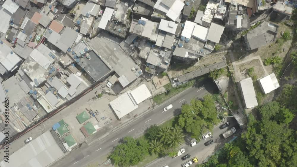 Aerial, drone shot of the rooftops of Rocinha buildings near Sao Conrado in Rio de Janeiro Brazil Aerial, drone shot of the rooftops of Rocinha buildings near Sao Conrado in Rio de Janeiro Brazil