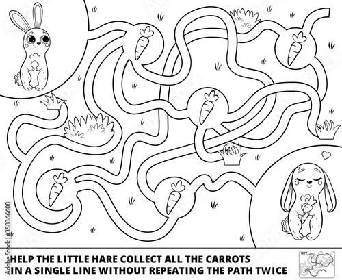 Help the little hare collect all the carrots in a single line without repeating the path twice. Coloring maze or labyrinth game for preschool children. Puzzle. Tangled road. Black and white