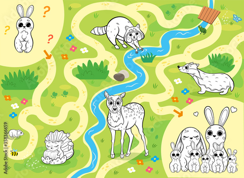 Help the little lost hare find the way to his family. Color the animals on your way. Printable coloring maze or labyrinth game for preschool children. Puzzle. Tangled road. Forest animals for kids