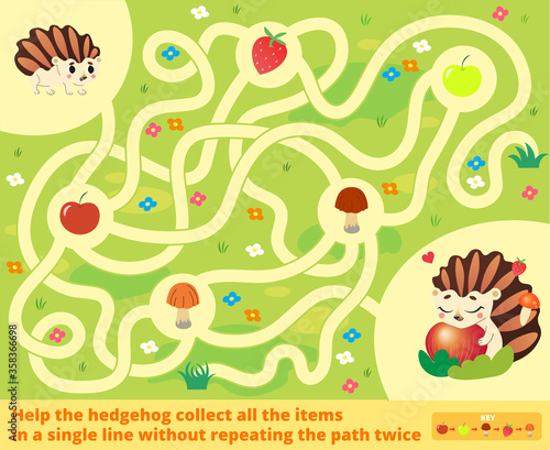 Help the hedgehog collect all the items in a single line without repeating the path twice. Color maze or labyrinth game for preschool children. Puzzle. Tangled road. Forest animals for kids