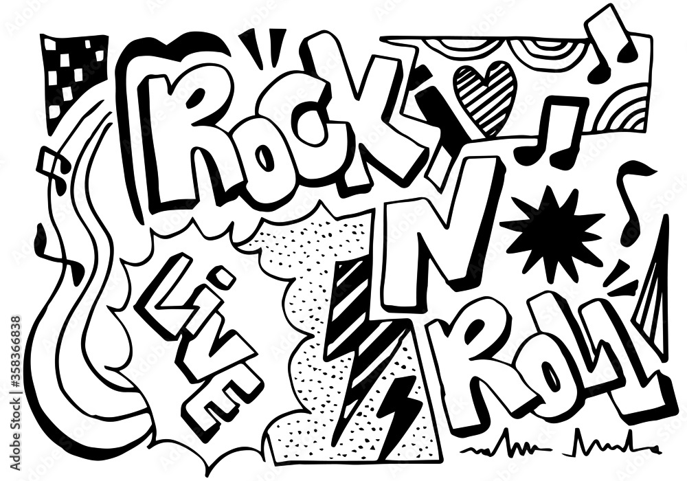 Rock'n'roll sign and doodle style for banner,invitation,concept design on white background. Rock'n'roll sign and doodle style for banner,invitation,concept design on white background.