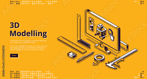 3D modelling banner. Software for digital render object, development design for print. Vector landing page with isometric model on computer screen and measure tools on yellow background