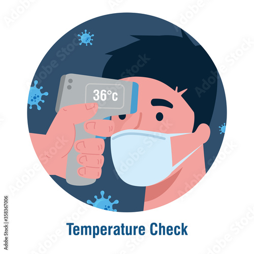 covid 19 coronavirus, hand holding infrared thermometer to measure body temperature, man check temperature vector illustration design