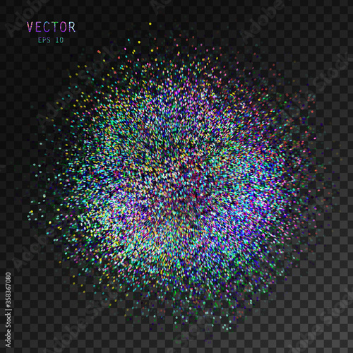 Sparkling circle, holographic glitter explosion. Vector dust on transparent background. Great for valentine, hologram birthday cards, wedding invitations, party posters art. Isolated design element