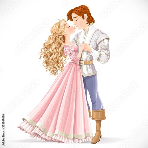 Romantic scene of a fabulous prince and princess kiss isolated o