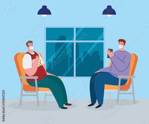 stay home, men wearing medical mask in living room, quarantine or self isolation vector illustration design