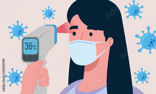 covid 19 coronavirus, hand holding infrared thermometer to measure body temperature, woman check temperature vector illustration design