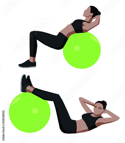 Slim woman doing sport exercises with fitness ball, gymnastic ball training, vector .