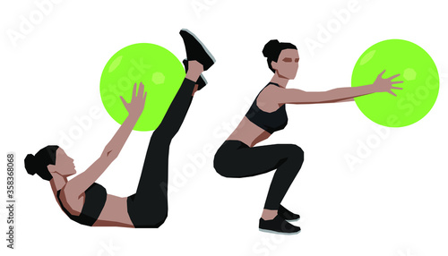 Girl do sport with fitness ball, training with gymnastic ball at home, flat vector.