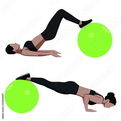 Girl doing sport exercises at home with gymnastic ball, workout with fitness ball, vector illustration.